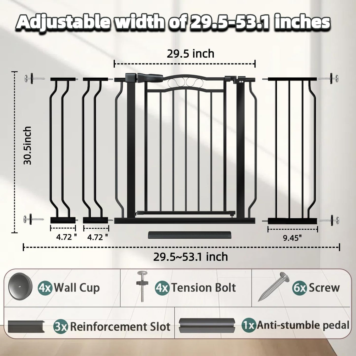 62.5"-71.6" Extra Wide Baby Gate & Dog Gate,Pressure Mounted No Drilling Pet Gate for Doorways & Large Openings, with Walk-Through, Auto-Close & Dual-Direction Swing, Black