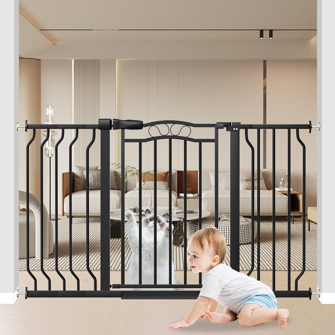 62.5"-71.6" Extra Wide Baby Gate & Dog Gate,Pressure Mounted No Drilling Pet Gate for Doorways & Large Openings, with Walk-Through, Auto-Close & Dual-Direction Swing, Black