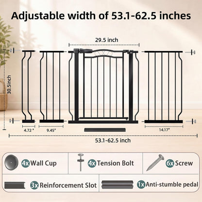 62.5"-71.6" Extra Wide Baby Gate & Dog Gate,Pressure Mounted No Drilling Pet Gate for Doorways & Large Openings, with Walk-Through, Auto-Close & Dual-Direction Swing, Black