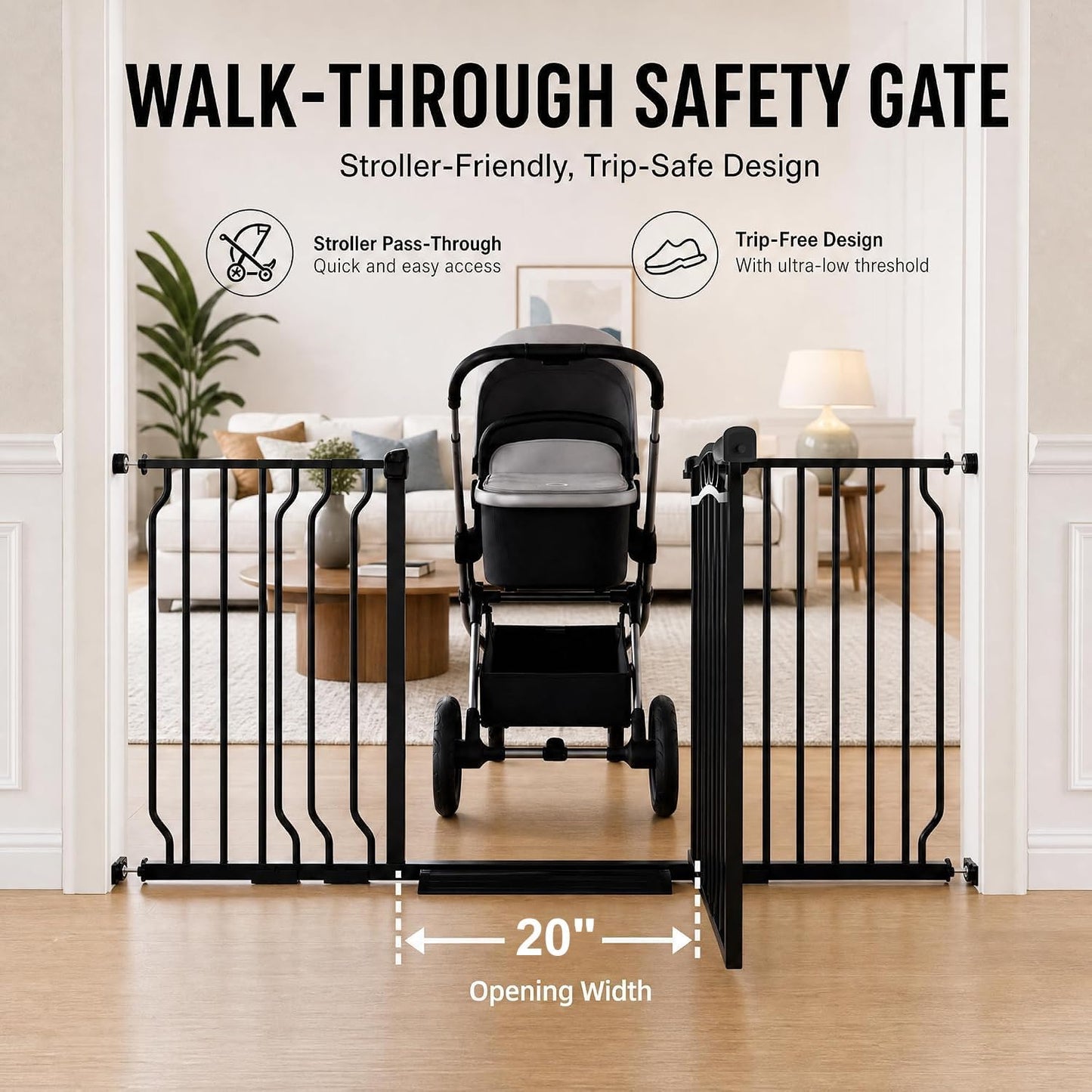 62.5"-71.6" Extra Wide Baby Gate & Dog Gate,Pressure Mounted No Drilling Pet Gate for Doorways & Large Openings, with Walk-Through, Auto-Close & Dual-Direction Swing, Black