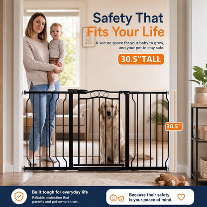 62.5"-71.6" Extra Wide Baby Gate & Dog Gate,Pressure Mounted No Drilling Pet Gate for Doorways & Large Openings, with Walk-Through, Auto-Close & Dual-Direction Swing, Black