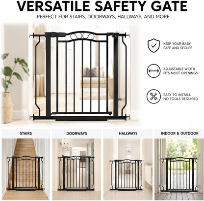 62.5"-71.6" Extra Wide Baby Gate & Dog Gate,Pressure Mounted No Drilling Pet Gate for Doorways & Large Openings, with Walk-Through, Auto-Close & Dual-Direction Swing, Black