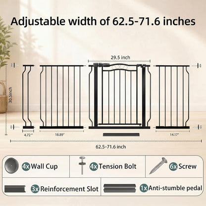 62.5"-71.6" Extra Wide Baby Gate & Dog Gate,Pressure Mounted No Drilling Pet Gate for Doorways & Large Openings, with Walk-Through, Auto-Close & Dual-Direction Swing, Black