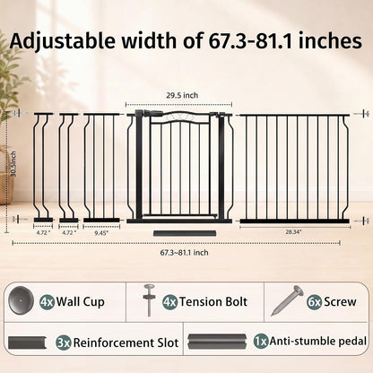 62.5"-71.6" Extra Wide Baby Gate & Dog Gate,Pressure Mounted No Drilling Pet Gate for Doorways & Large Openings, with Walk-Through, Auto-Close & Dual-Direction Swing, Black