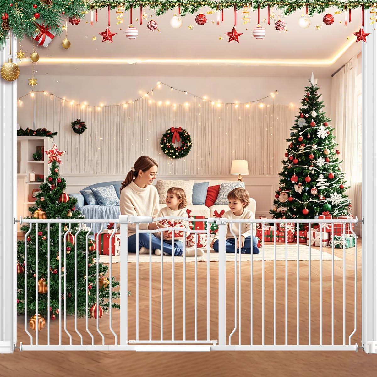 62.5"-71.6" Extra Wide Baby Gate & Dog Gate,Pressure Mounted No Drilling Pet Gate for Doorways & Large Openings, with Walk-Through, Auto-Close & Dual-Direction Swing, Black
