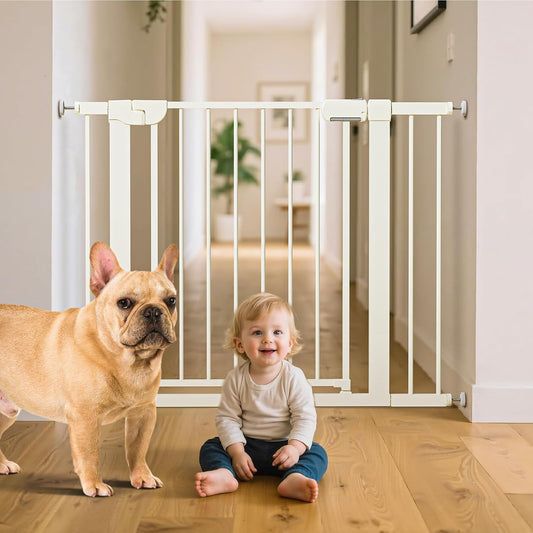 29.5-46" Magnetic Baby Gate for Stairs, Baby Safety Essentials, Auto Close Gate for Doorways, Easy Install Pressure Mounted Dog Gate Indoor, Pet Gates for Dogs, White