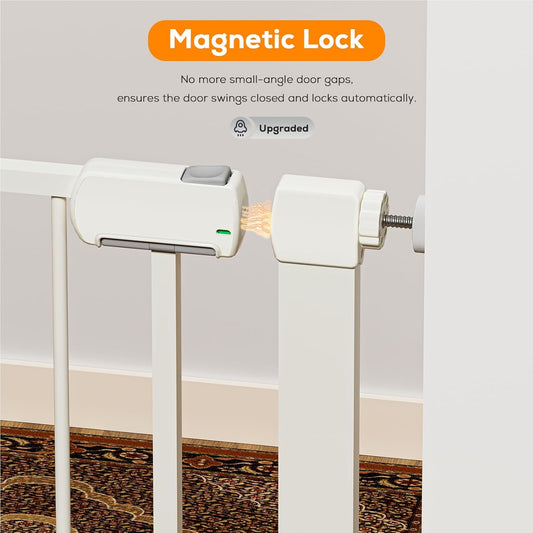 29.5-46" Magnetic Baby Gate for Stairs, Baby Safety Essentials, Auto Close Gate for Doorways, Easy Install Pressure Mounted Dog Gate Indoor, Pet Gates for Dogs, White