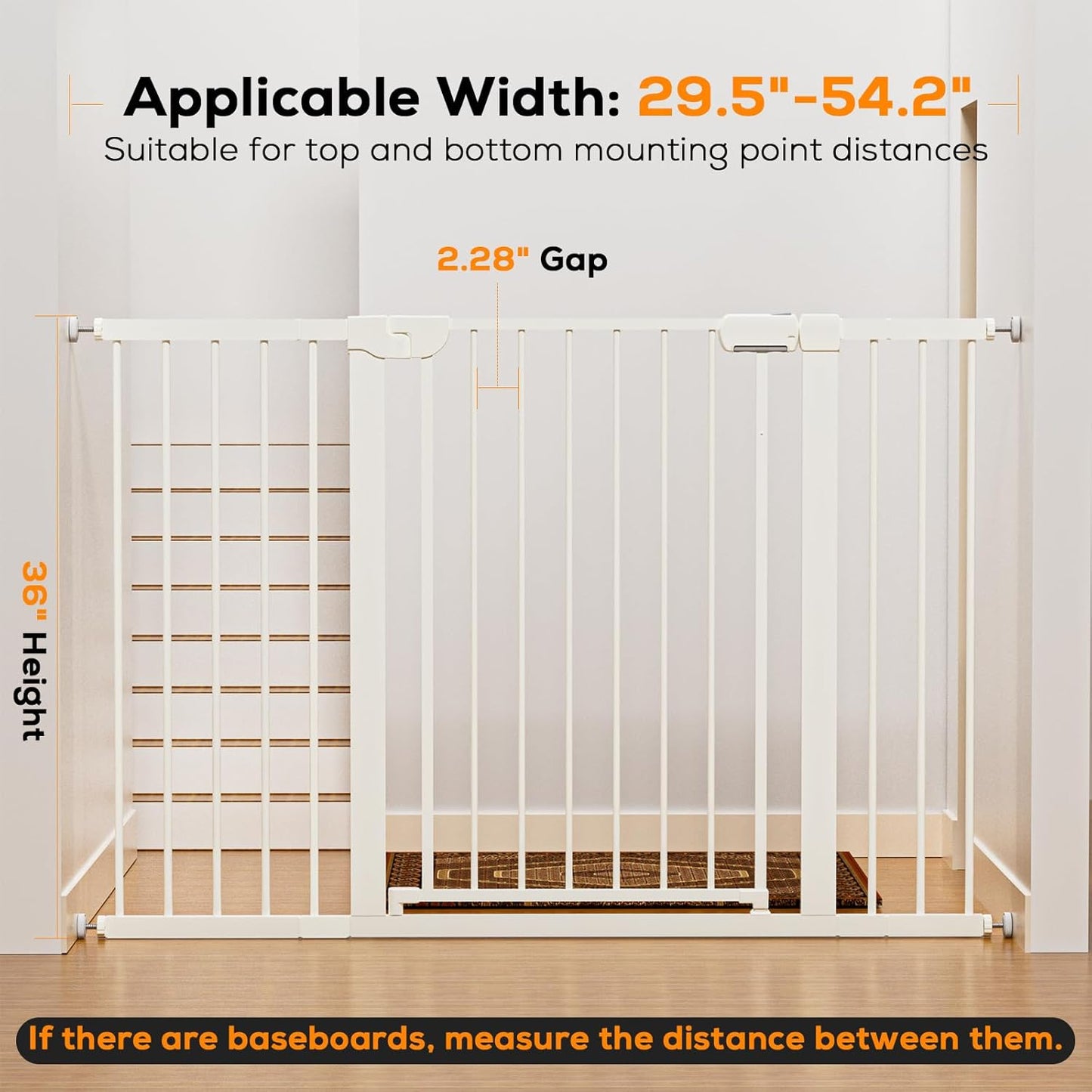 29.5-46" Magnetic Baby Gate for Stairs, Baby Safety Essentials, Auto Close Gate for Doorways, Easy Install Pressure Mounted Dog Gate Indoor, Pet Gates for Dogs, White