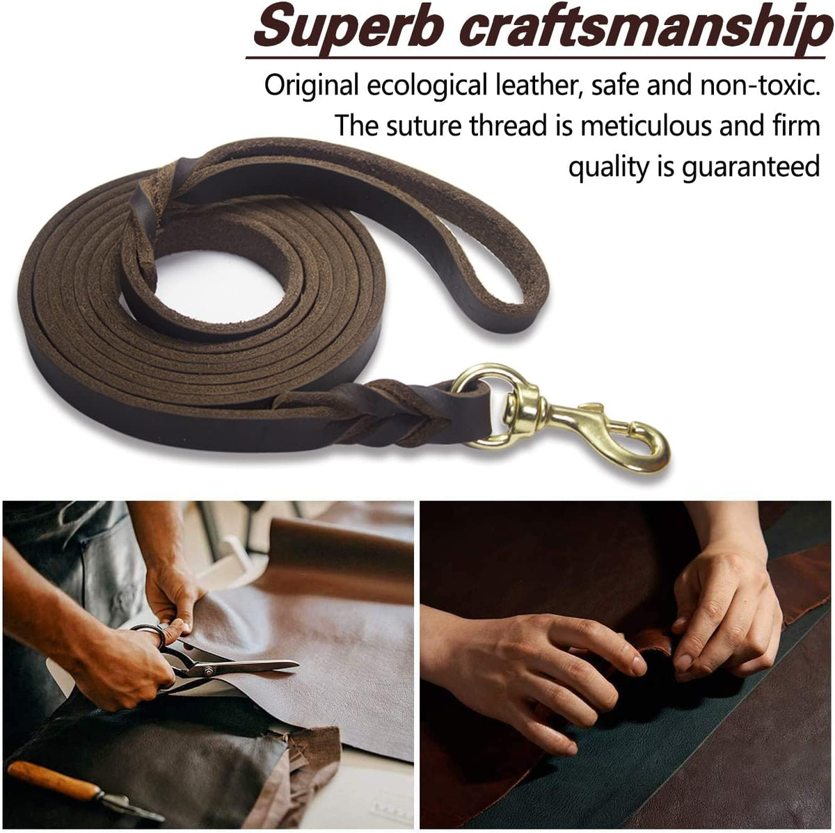 Leather Dog Leash 8ft, Heavy Duty Genuine Leather Braided Dog Training Leash, Soft and Strong Pet Lead for Large, Medium Dogs