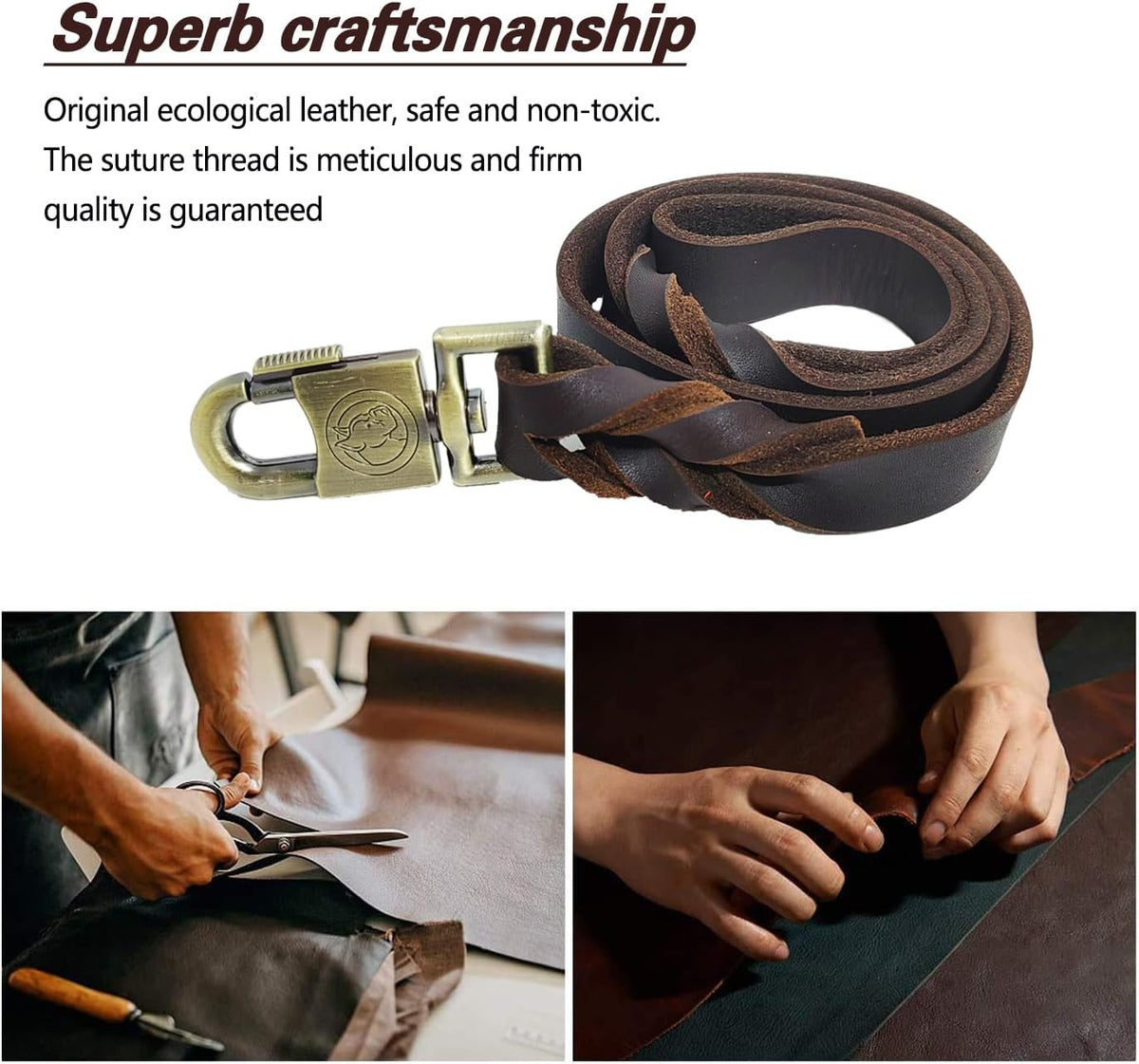 Leather Dog Leash 8ft, Heavy Duty Genuine Leather Braided Dog Training Leash, Soft and Strong Pet Lead for Large, Medium Dogs
