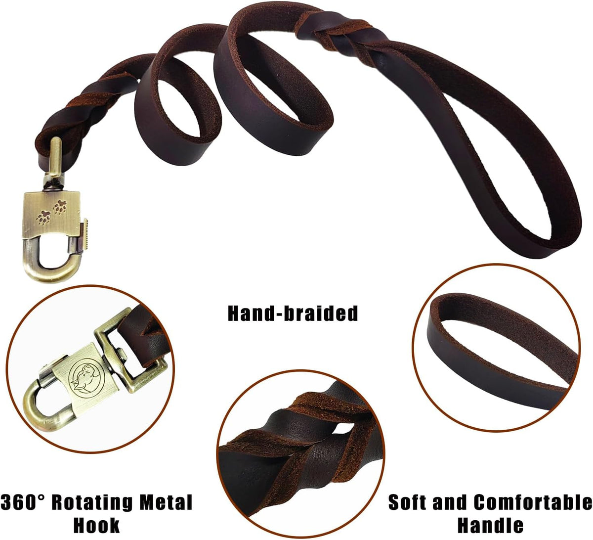 Leather Dog Leash 8ft, Heavy Duty Genuine Leather Braided Dog Training Leash, Soft and Strong Pet Lead for Large, Medium Dogs
