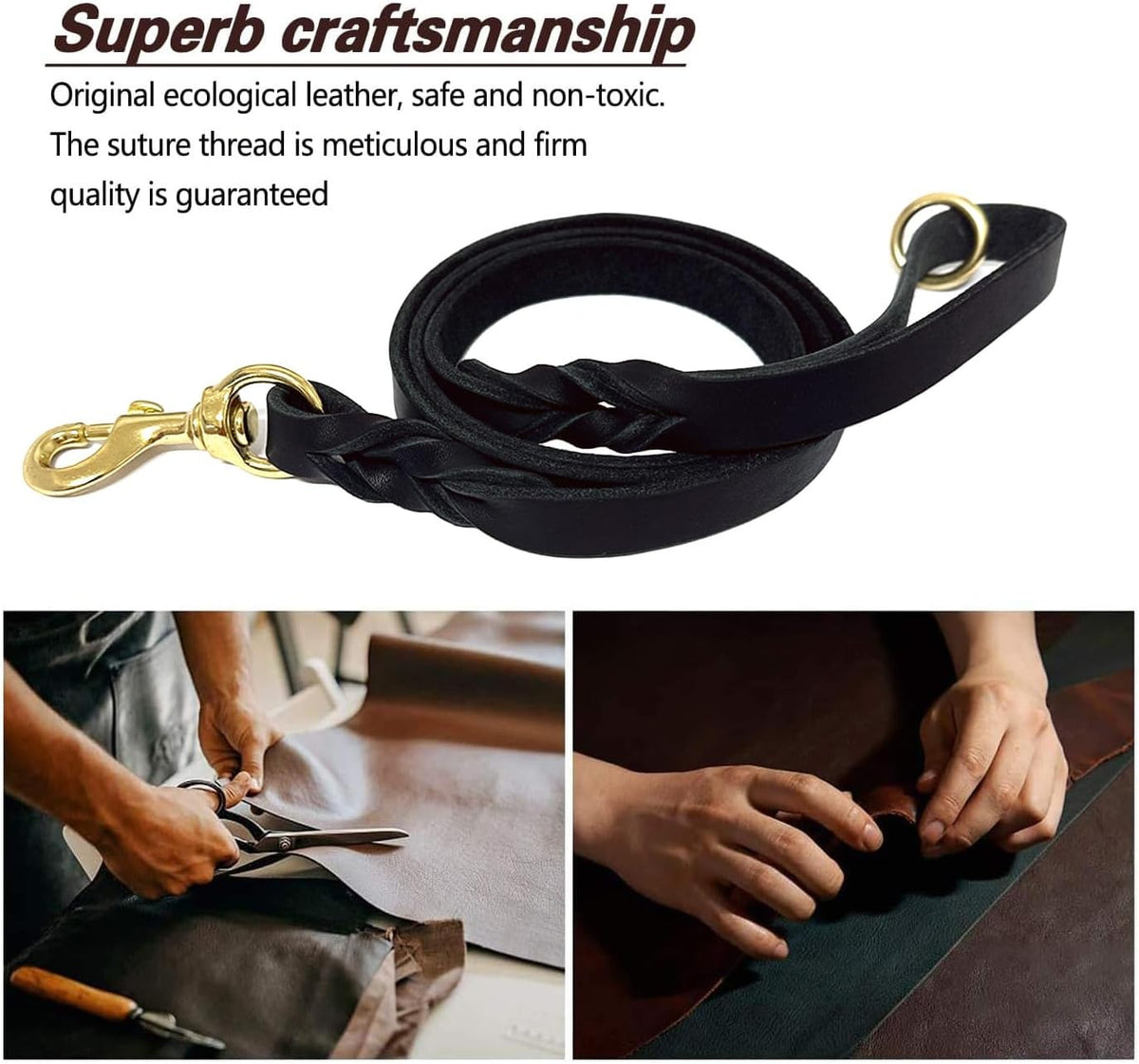 Leather Dog Leash 8ft, Heavy Duty Genuine Leather Braided Dog Training Leash, Soft and Strong Pet Lead for Large, Medium Dogs