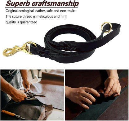 Leather Dog Leash 8ft, Heavy Duty Genuine Leather Braided Dog Training Leash, Soft and Strong Pet Lead for Large, Medium Dogs