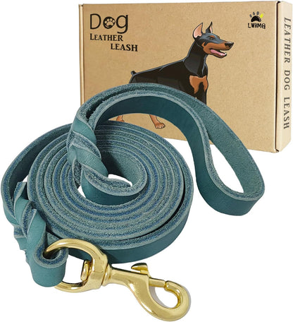 Leather Dog Leash 8ft, Heavy Duty Genuine Leather Braided Dog Training Leash, Soft and Strong Pet Lead for Large, Medium Dogs