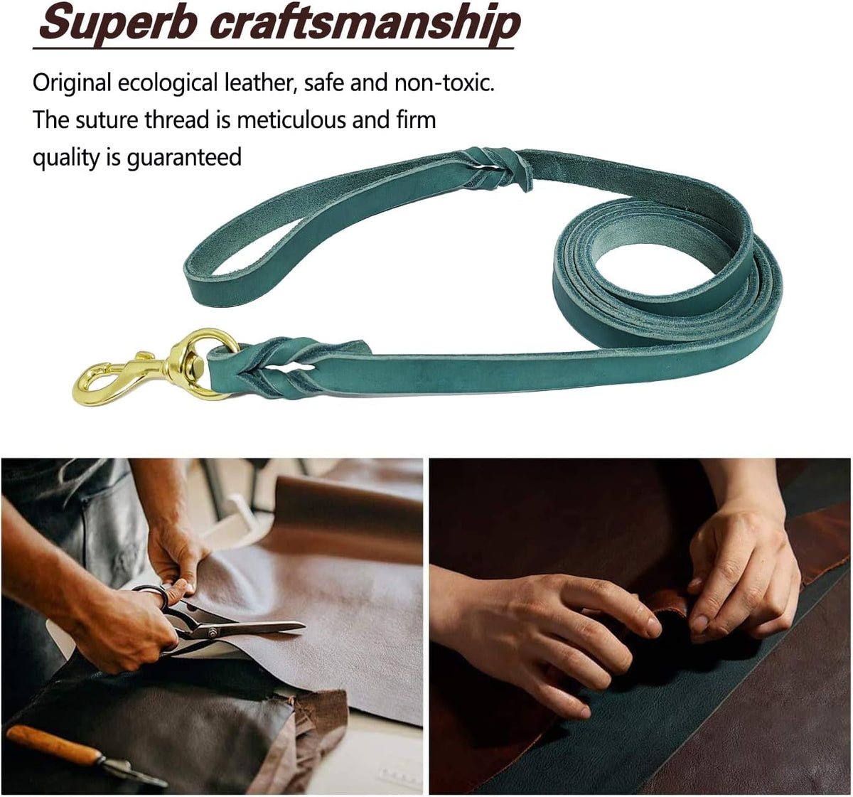 Leather Dog Leash 8ft, Heavy Duty Genuine Leather Braided Dog Training Leash, Soft and Strong Pet Lead for Large, Medium Dogs