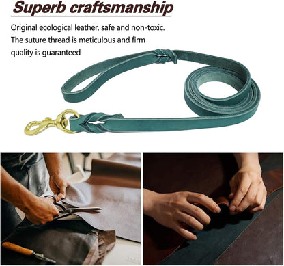 Leather Dog Leash 8ft, Heavy Duty Genuine Leather Braided Dog Training Leash, Soft and Strong Pet Lead for Large, Medium Dogs