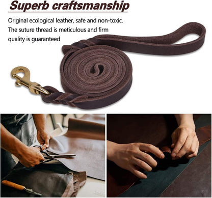 Leather Dog Leash 8ft, Heavy Duty Genuine Leather Braided Dog Training Leash, Soft and Strong Pet Lead for Large, Medium Dogs