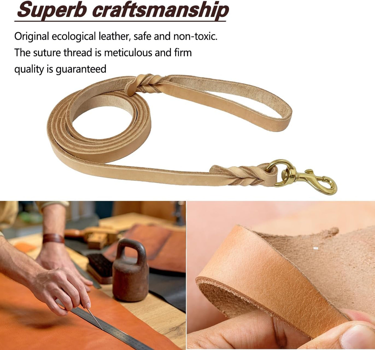 Leather Dog Leash 8ft, Heavy Duty Genuine Leather Braided Dog Training Leash, Soft and Strong Pet Lead for Large, Medium Dogs