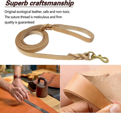 Leather Dog Leash 8ft, Heavy Duty Genuine Leather Braided Dog Training Leash, Soft and Strong Pet Lead for Large, Medium Dogs