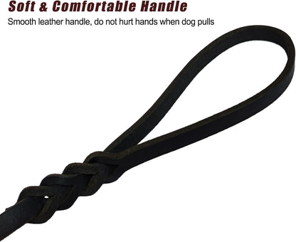 Leather Dog Leash 8ft, Heavy Duty Genuine Leather Braided Dog Training Leash, Soft and Strong Pet Lead for Large, Medium Dogs