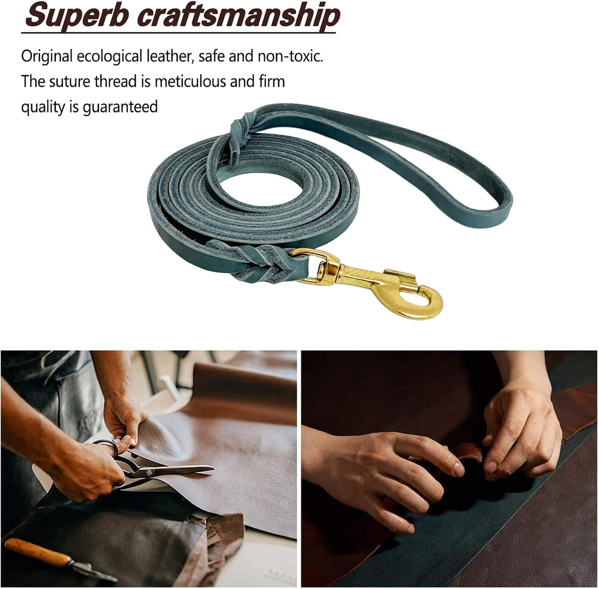Leather Dog Leash 8ft, Heavy Duty Genuine Leather Braided Dog Training Leash, Soft and Strong Pet Lead for Large, Medium Dogs
