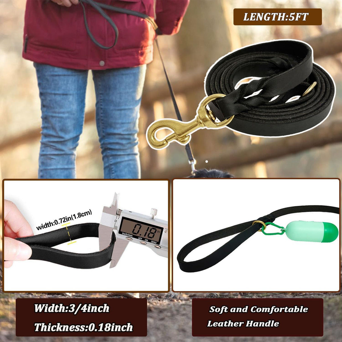 Leather Dog Leash 8ft, Heavy Duty Genuine Leather Braided Dog Training Leash, Soft and Strong Pet Lead for Large, Medium Dogs