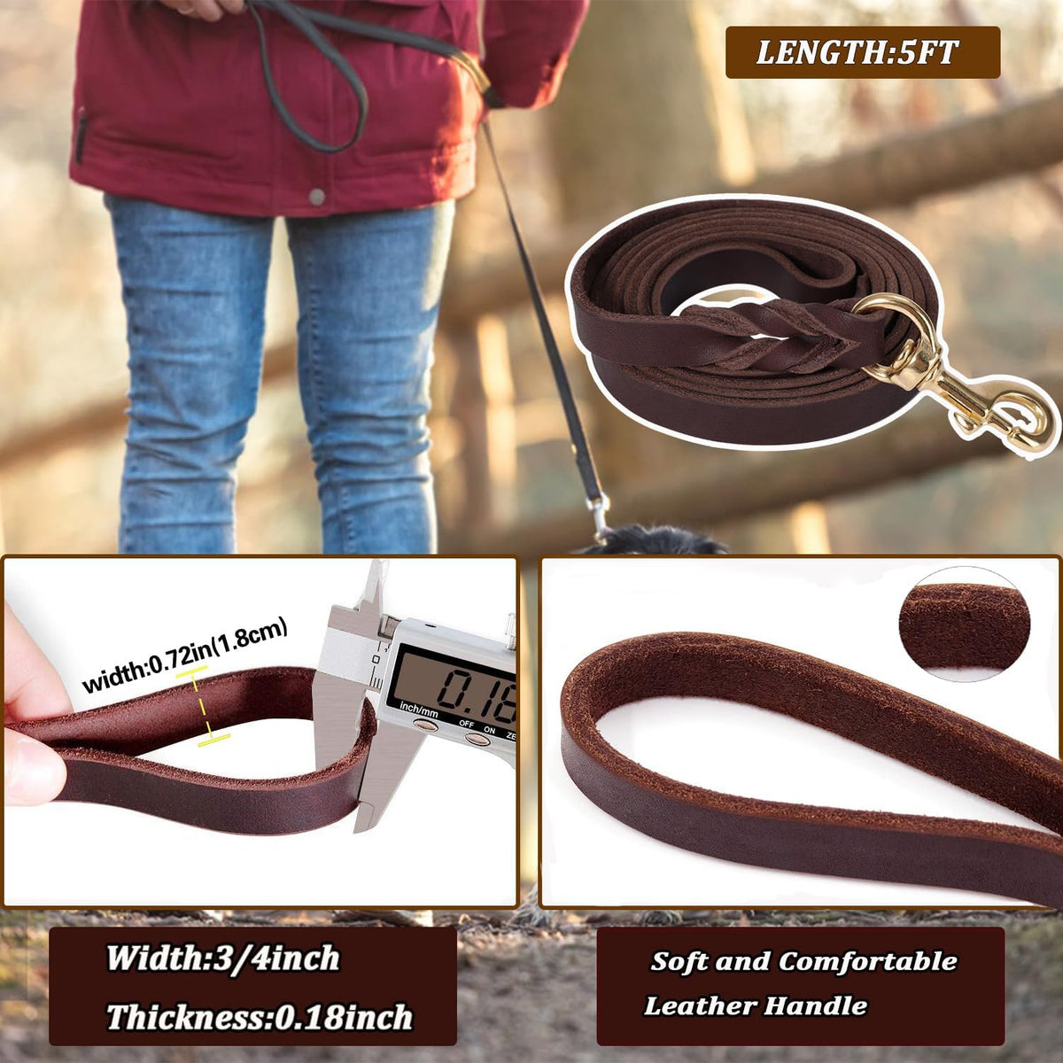 Leather Dog Leash 8ft, Heavy Duty Genuine Leather Braided Dog Training Leash, Soft and Strong Pet Lead for Large, Medium Dogs