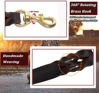 Leather Dog Leash 8ft, Heavy Duty Genuine Leather Braided Dog Training Leash, Soft and Strong Pet Lead for Large, Medium Dogs