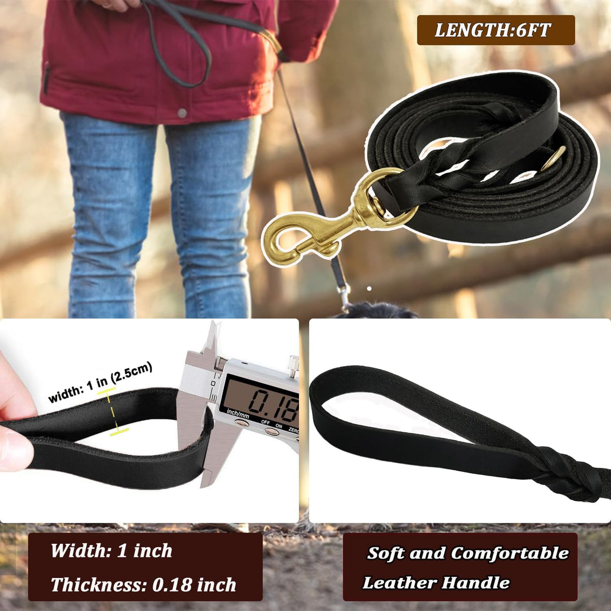 Leather Dog Leash 8ft, Heavy Duty Genuine Leather Braided Dog Training Leash, Soft and Strong Pet Lead for Large, Medium Dogs