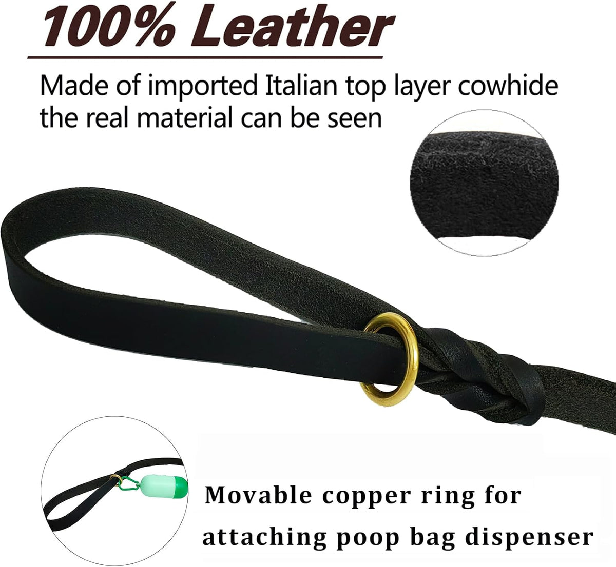 Leather Dog Leash 8ft, Heavy Duty Genuine Leather Braided Dog Training Leash, Soft and Strong Pet Lead for Large, Medium Dogs