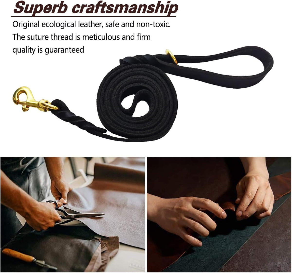 Leather Dog Leash 8ft, Heavy Duty Genuine Leather Braided Dog Training Leash, Soft and Strong Pet Lead for Large, Medium Dogs