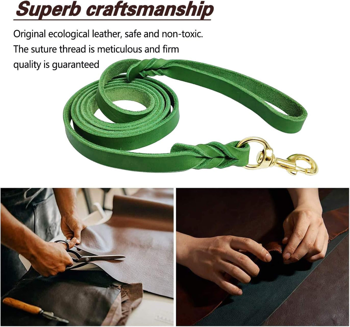 Leather Dog Leash 8ft, Heavy Duty Genuine Leather Braided Dog Training Leash, Soft and Strong Pet Lead for Large, Medium Dogs