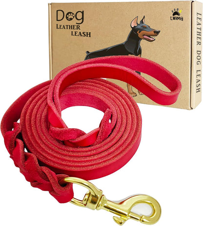 Leather Dog Leash 8ft, Heavy Duty Genuine Leather Braided Dog Training Leash, Soft and Strong Pet Lead for Large, Medium Dogs