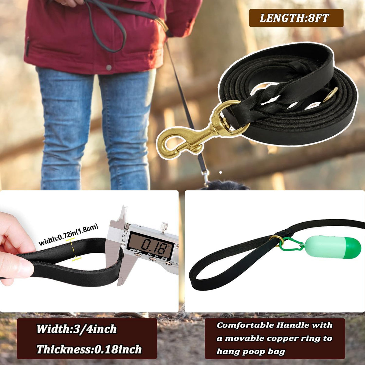 Leather Dog Leash 8ft, Heavy Duty Genuine Leather Braided Dog Training Leash, Soft and Strong Pet Lead for Large, Medium Dogs
