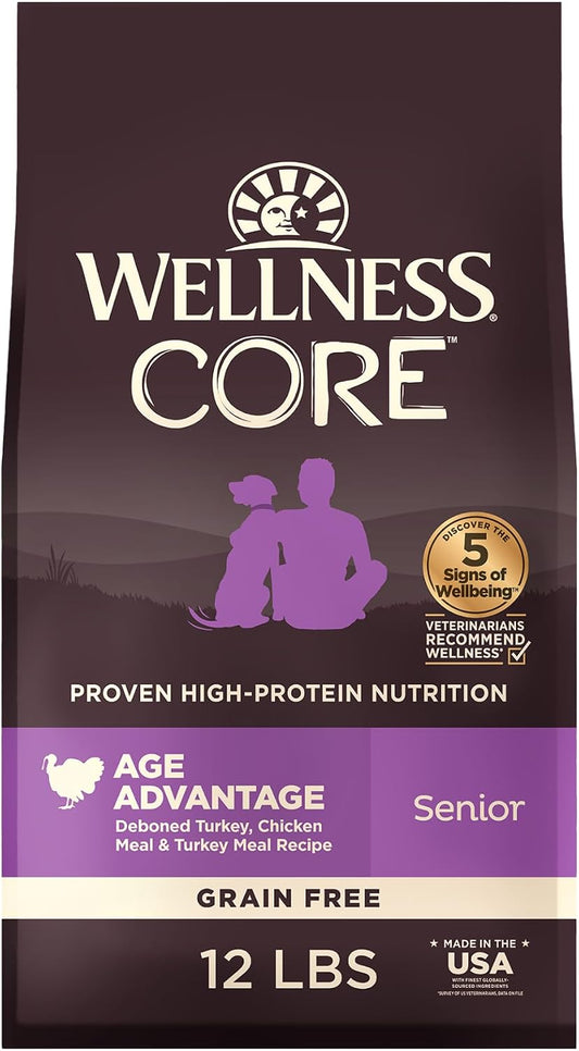 Wellness CORE Age Advantage Senior Dry Dog Food, Grain Free Kibble, Natural, High Protein, Turkey and Chicken Recipe, 12 lb Bag