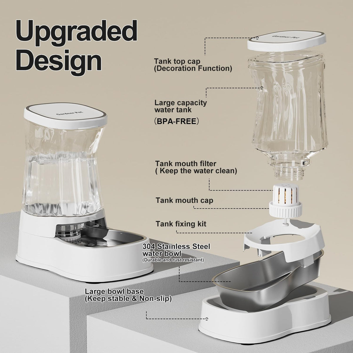 Automatic Dog Water Dispenser Gravity Stainless Steel Waterer & Food Feeder Set, 100% BPA Free Large Capacity Feeding Bowls for Medium & Large-Sized Dogs Cats Other Pets -(1 Gallon x2)
