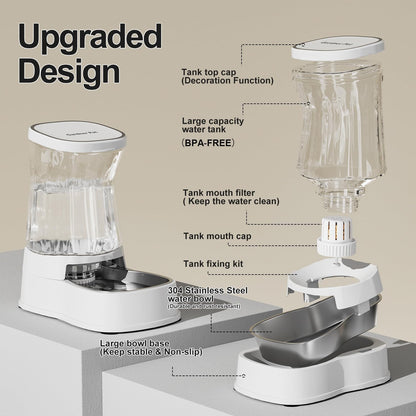 Automatic Dog Water Dispenser Gravity Stainless Steel Waterer & Food Feeder Set, 100% BPA Free Large Capacity Feeding Bowls for Medium & Large-Sized Dogs Cats Other Pets -(1 Gallon x2)
