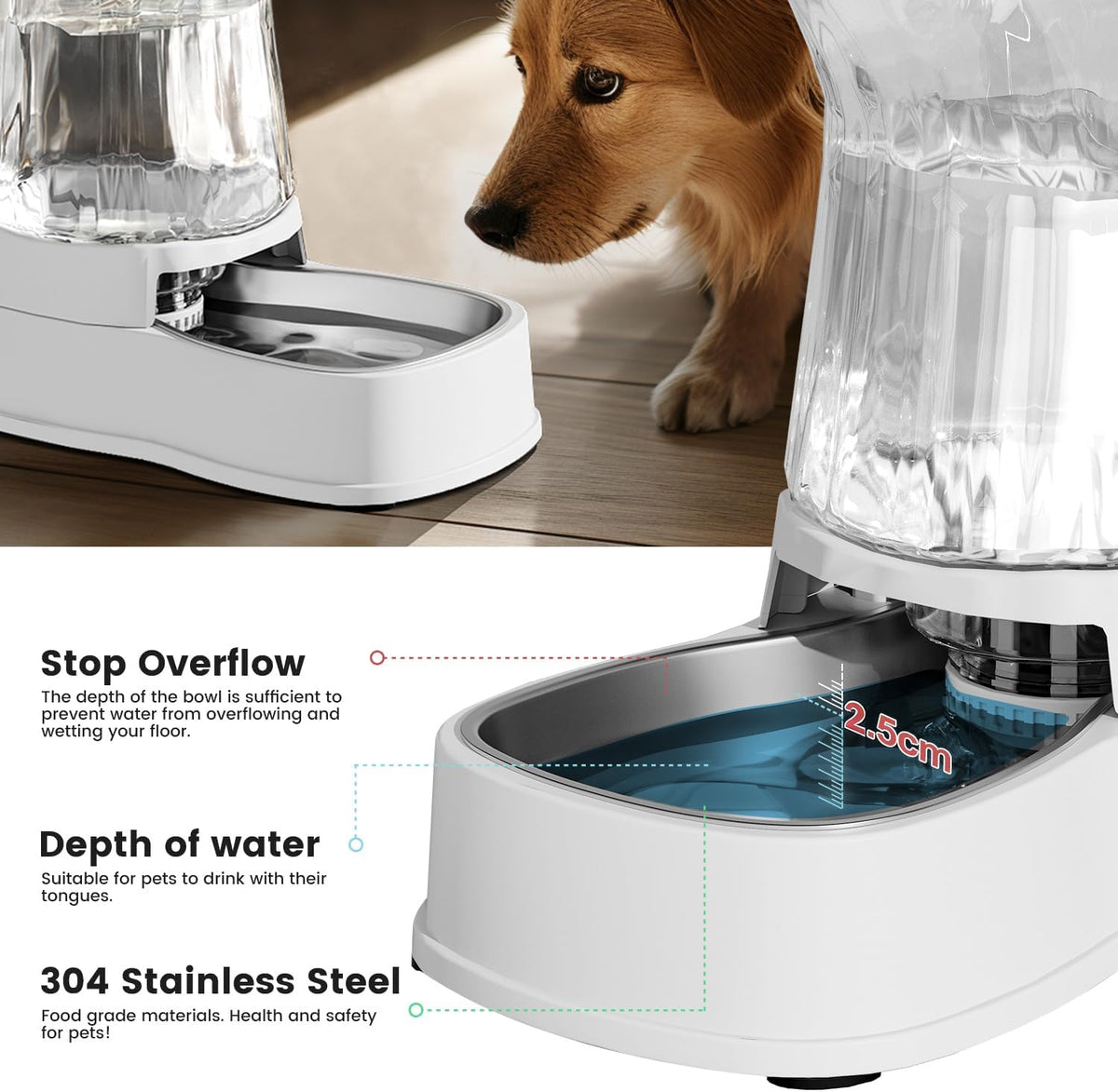 Automatic Dog Water Dispenser Gravity Stainless Steel Waterer & Food Feeder Set, 100% BPA Free Large Capacity Feeding Bowls for Medium & Large-Sized Dogs Cats Other Pets -(1 Gallon x2)