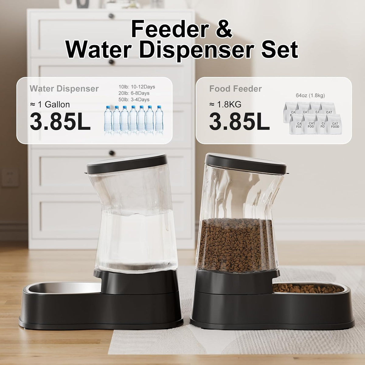 Automatic Dog Water Dispenser Gravity Stainless Steel Waterer & Food Feeder Set, 100% BPA Free Large Capacity Feeding Bowls for Medium & Large-Sized Dogs Cats Other Pets -(1 Gallon x2)