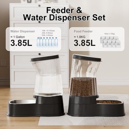 Automatic Dog Water Dispenser Gravity Stainless Steel Waterer & Food Feeder Set, 100% BPA Free Large Capacity Feeding Bowls for Medium & Large-Sized Dogs Cats Other Pets -(1 Gallon x2)