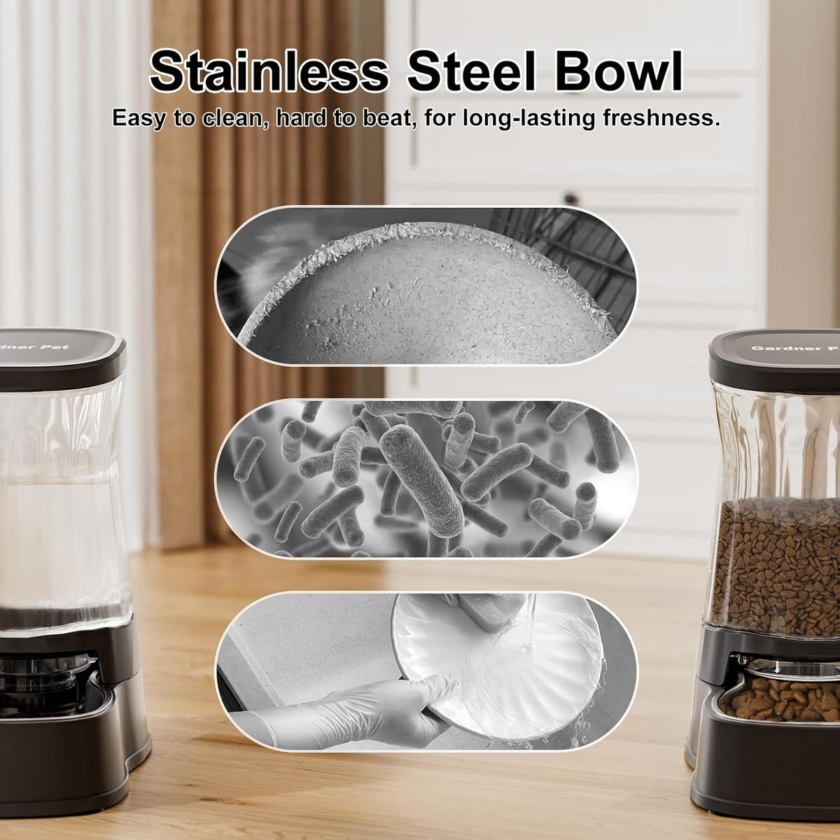Automatic Dog Water Dispenser Gravity Stainless Steel Waterer & Food Feeder Set, 100% BPA Free Large Capacity Feeding Bowls for Medium & Large-Sized Dogs Cats Other Pets -(1 Gallon x2)