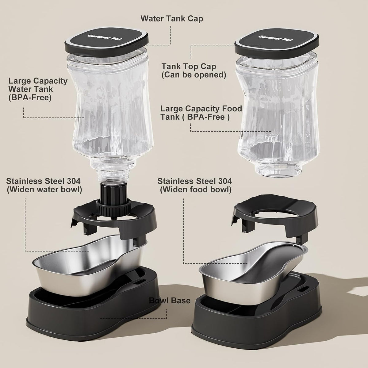 Automatic Dog Water Dispenser Gravity Stainless Steel Waterer & Food Feeder Set, 100% BPA Free Large Capacity Feeding Bowls for Medium & Large-Sized Dogs Cats Other Pets -(1 Gallon x2)