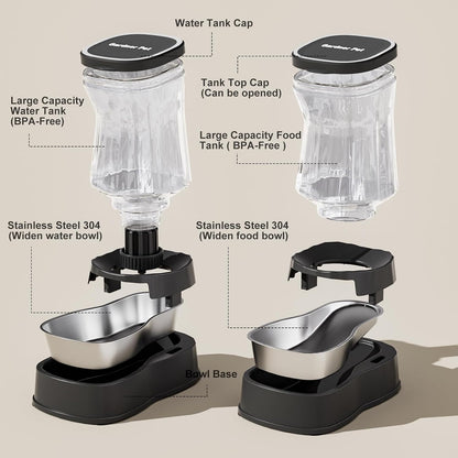 Automatic Dog Water Dispenser Gravity Stainless Steel Waterer & Food Feeder Set, 100% BPA Free Large Capacity Feeding Bowls for Medium & Large-Sized Dogs Cats Other Pets -(1 Gallon x2)