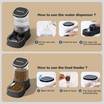 Automatic Dog Water Dispenser Gravity Stainless Steel Waterer & Food Feeder Set, 100% BPA Free Large Capacity Feeding Bowls for Medium & Large-Sized Dogs Cats Other Pets -(1 Gallon x2)