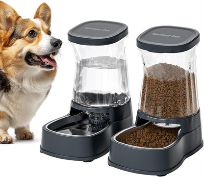 Automatic Dog Water Dispenser Gravity Stainless Steel Waterer & Food Feeder Set, 100% BPA Free Large Capacity Feeding Bowls for Medium & Large-Sized Dogs Cats Other Pets -(1 Gallon x2)