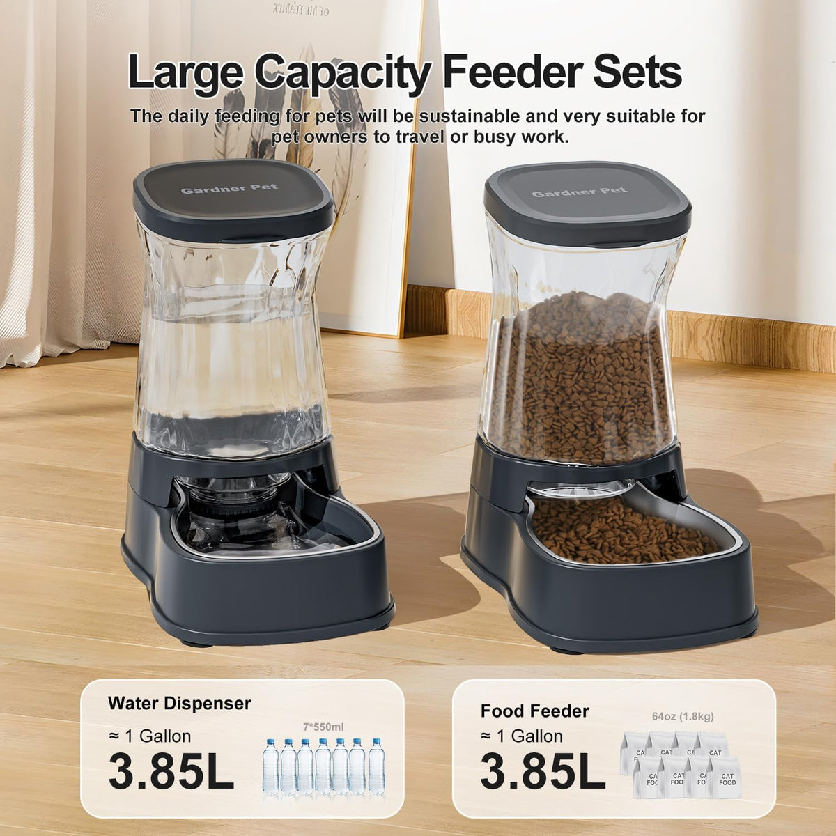 Automatic Dog Water Dispenser Gravity Stainless Steel Waterer & Food Feeder Set, 100% BPA Free Large Capacity Feeding Bowls for Medium & Large-Sized Dogs Cats Other Pets -(1 Gallon x2)