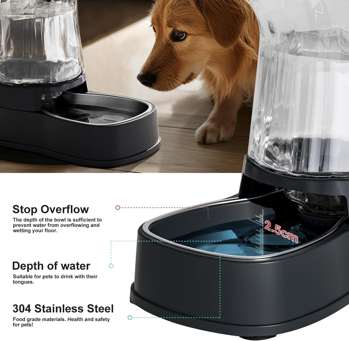 Automatic Dog Water Dispenser Gravity Stainless Steel Waterer & Food Feeder Set, 100% BPA Free Large Capacity Feeding Bowls for Medium & Large-Sized Dogs Cats Other Pets -(1 Gallon x2)