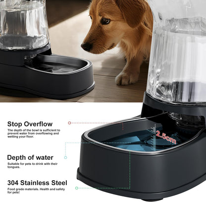 Automatic Dog Water Dispenser Gravity Stainless Steel Waterer & Food Feeder Set, 100% BPA Free Large Capacity Feeding Bowls for Medium & Large-Sized Dogs Cats Other Pets -(1 Gallon x2)