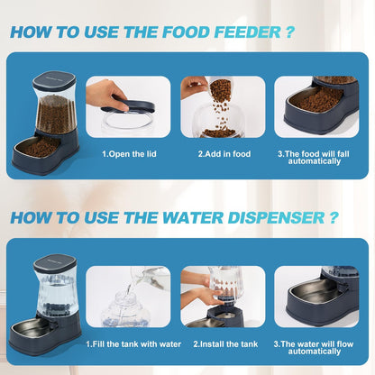 Automatic Dog Water Dispenser Gravity Stainless Steel Waterer & Food Feeder Set, 100% BPA Free Large Capacity Feeding Bowls for Medium & Large-Sized Dogs Cats Other Pets -(1 Gallon x2)