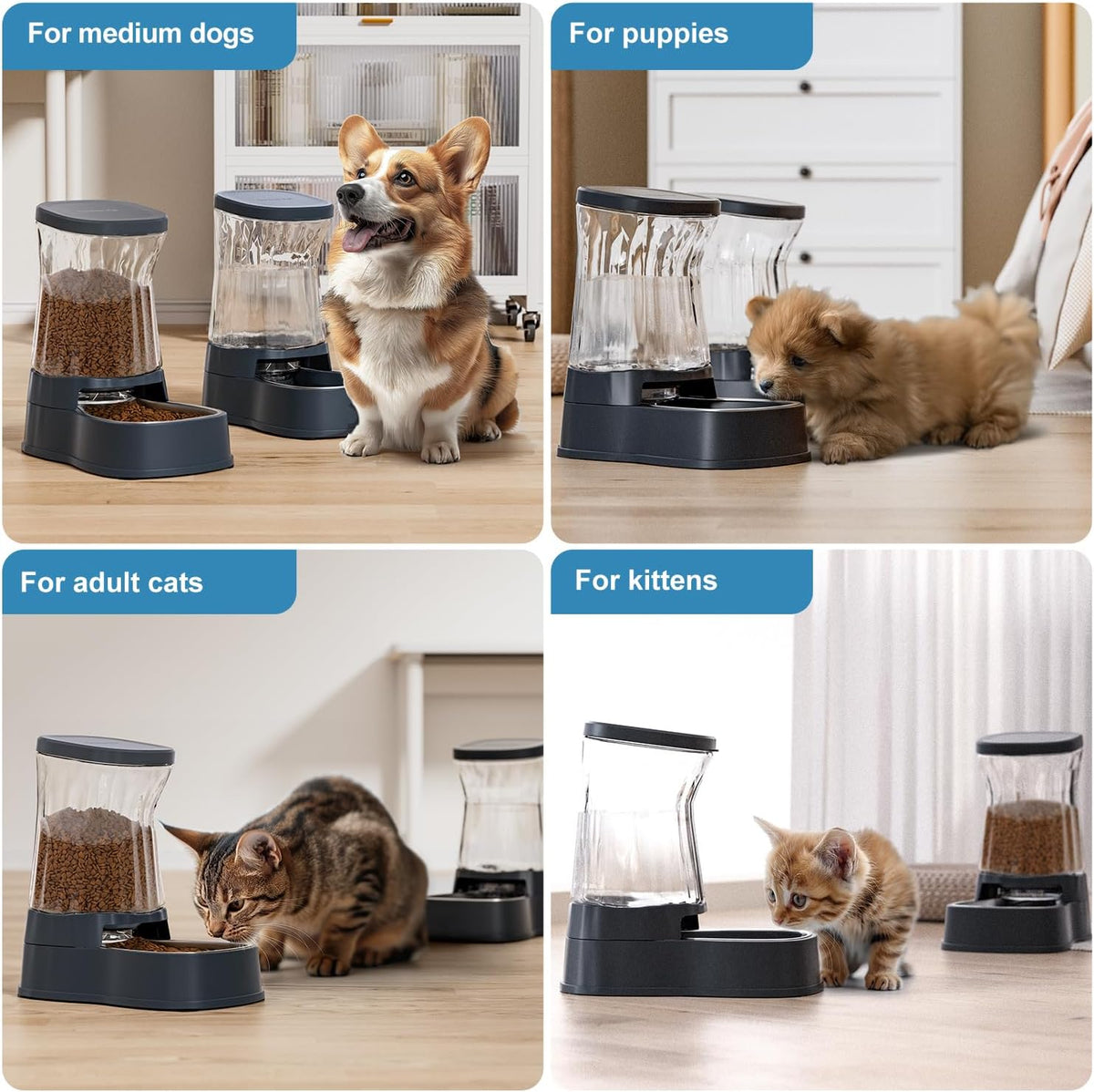 Automatic Dog Water Dispenser Gravity Stainless Steel Waterer & Food Feeder Set, 100% BPA Free Large Capacity Feeding Bowls for Medium & Large-Sized Dogs Cats Other Pets -(1 Gallon x2)